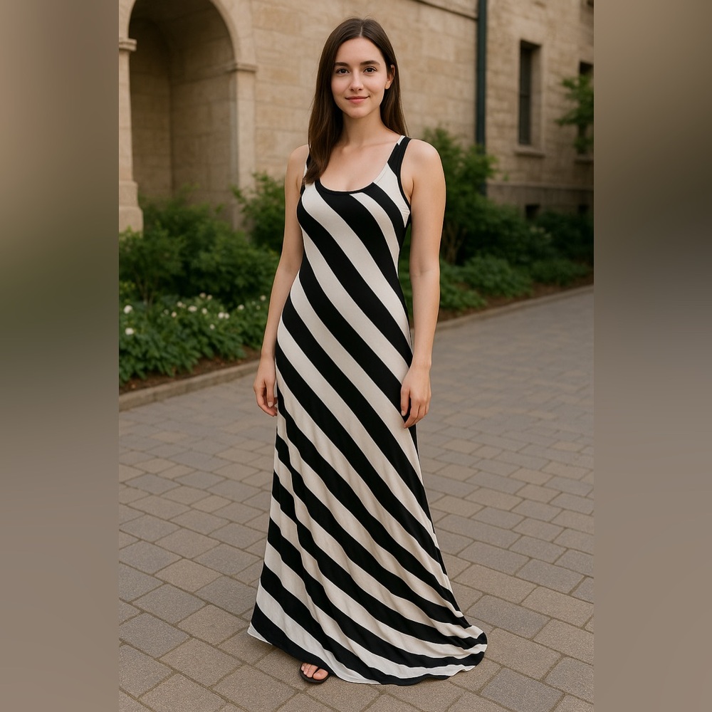 Black and White Sleeveless Scoop Neck Maxi Sundress